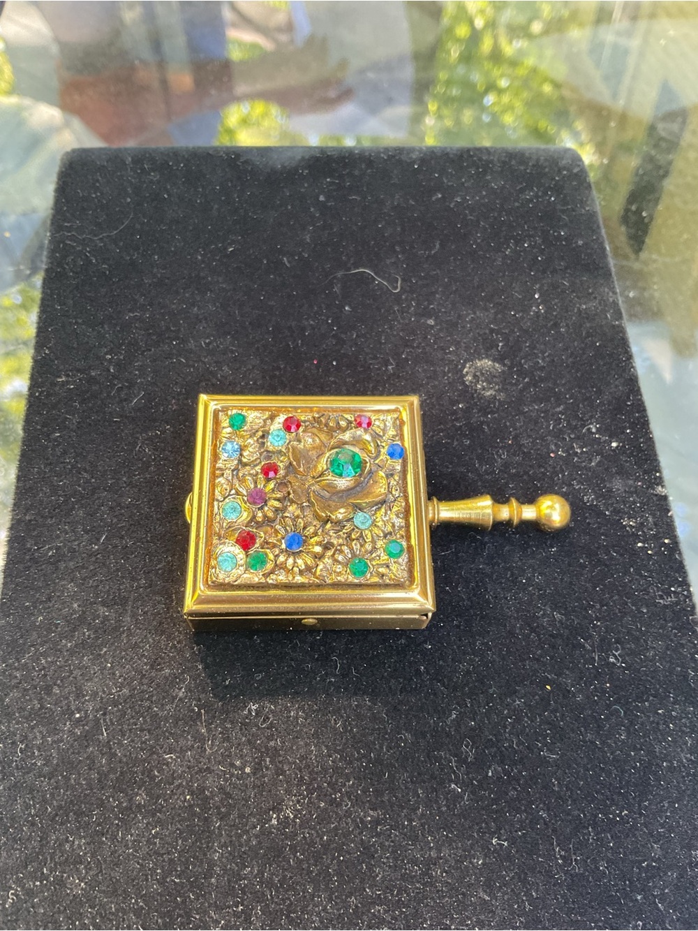 Vintage Pocket Sized Jeweled Butler Ashtray Square Box with Handle Hold tone